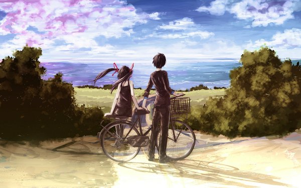 Anime picture 1280x800 with original same (pixiv) long hair short hair black hair wide image twintails cloud (clouds) from behind couple landscape girl boy water sea sundress ground vehicle bicycle