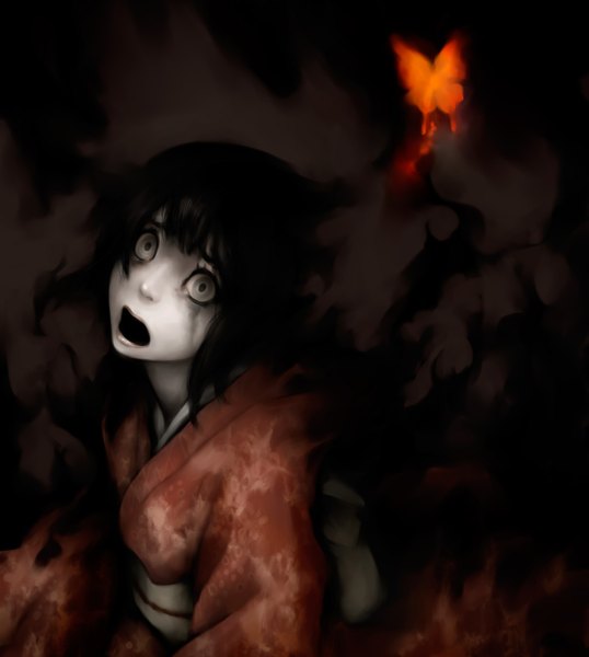 Anime picture 1077x1200 with fatal frame chitose tachibana genk tall image open mouth black hair japanese clothes grey eyes pale skin belt kimono insect butterfly