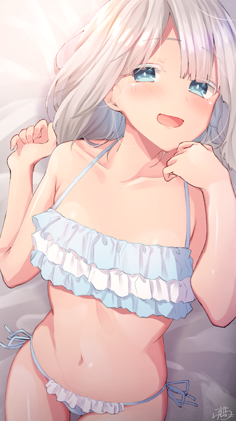 Anime picture 1152x2048 with original ramchi single long hair tall image looking at viewer blush fringe breasts open mouth blue eyes light erotic smile signed silver hair indoors lying :d from above on back