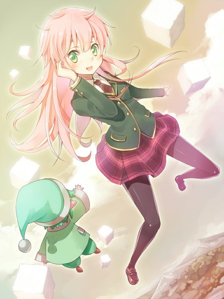 Anime picture 768x1024 with jinrui wa suitai shimashita watashi (jintai) fairy (jintai) umeboshitora long hair tall image looking at viewer blush fringe open mouth green eyes pink hair sky cloud (clouds) :d weightlessness messy hair girl boy uniform