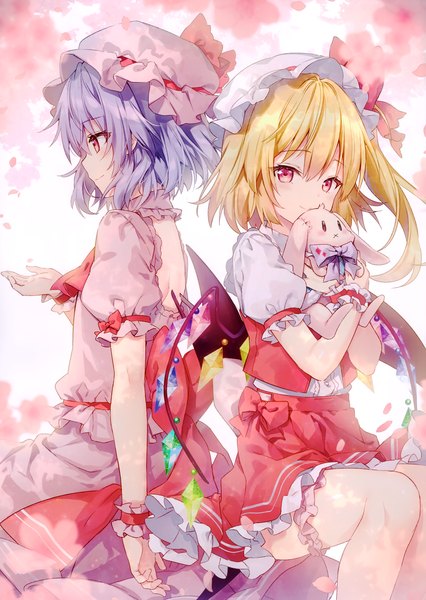 Anime picture 2442x3437 with touhou flandre scarlet remilia scarlet riichu tall image highres short hair blonde hair red eyes multiple girls purple hair profile light smile puffy sleeves one side up siblings back to back sisters girl skirt