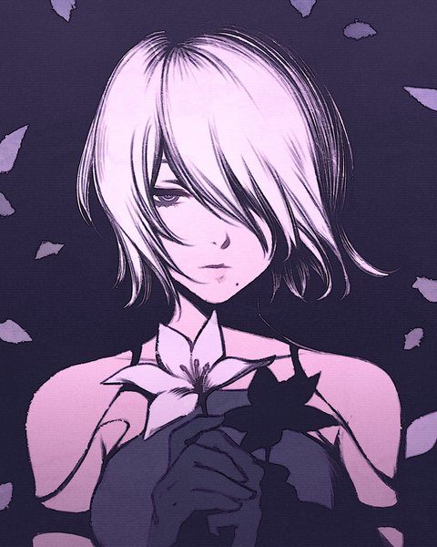 Anime picture 864x1080 with nier nier:automata yorha type a no. 2 moshimoshibe single tall image looking at viewer fringe short hair simple background bare shoulders upper body white hair black eyes hair over one eye mole black background portrait mole under mouth expressionless