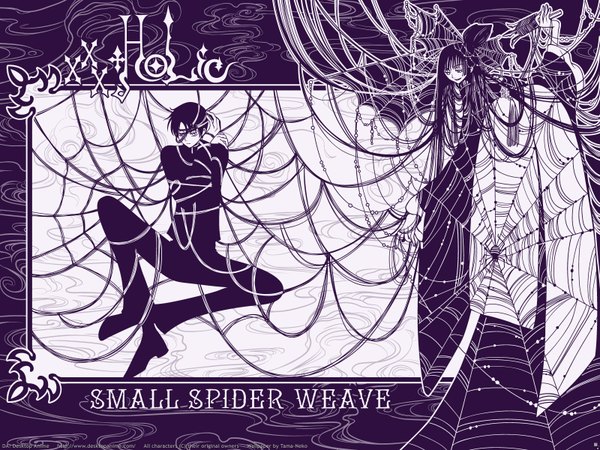 Anime picture 1600x1200 with xxxholic clamp ichihara yuuko watanuki kimihiro tama-neko spider web