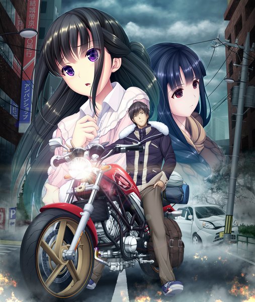 Anime picture 929x1100 with zombi no afureta sekai de ore dake ga osowarenai mitsuki fujino tokiko kurose yuusuke takemura saburou (hgmg) long hair tall image short hair open mouth black hair red eyes purple eyes multiple girls girl boy 2 girls jacket ground vehicle car motorcycle