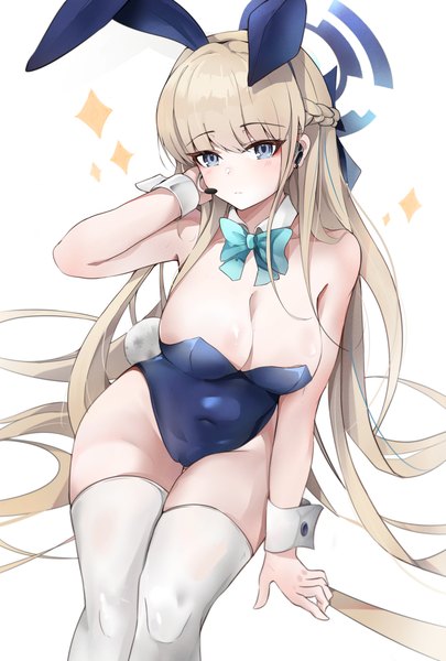 Anime picture 2756x4079 with blue archive toki (blue archive) toki (bunny) (blue archive) umber00 single long hair tall image blush fringe highres breasts blue eyes light erotic simple background blonde hair large breasts white background sitting animal ears looking away