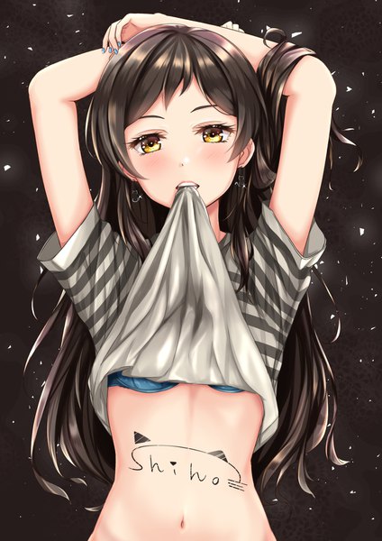 Anime picture 1191x1684 with idolmaster idolmaster million live! idolmaster million live! theater days kitazawa shiho yuzuyu (hyui) single long hair tall image looking at viewer blush fringe light erotic simple background brown hair standing holding yellow eyes upper body nail polish arms up