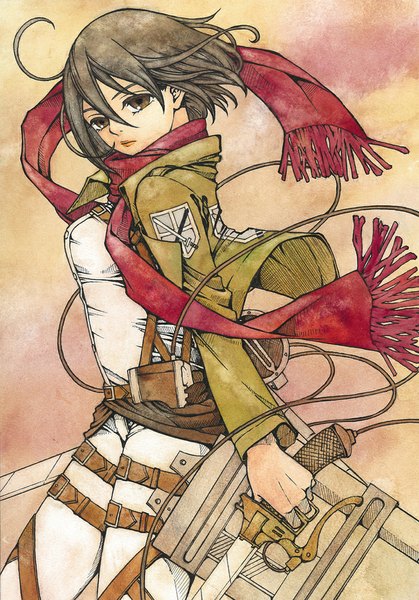 Anime picture 743x1063 with shingeki no kyojin production i.g mikasa ackerman sayococco single tall image looking at viewer short hair brown hair brown eyes ahoge open jacket traditional media girl uniform weapon sword jacket belt scarf