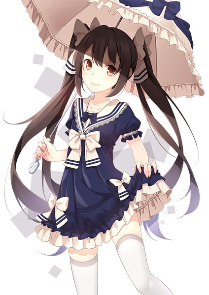 Anime picture 707x1000 with original ello-chan single long hair tall image looking at viewer black hair white background twintails brown eyes girl thighhighs dress bow hair bow white thighhighs umbrella