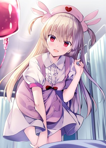Anime picture 800x1116 with virtual youtuber sana channel natori sana rei (rei's room) single long hair tall image looking at viewer blush fringe open mouth blonde hair hair between eyes red eyes indoors :d short sleeves fang (fangs) two side up puffy sleeves