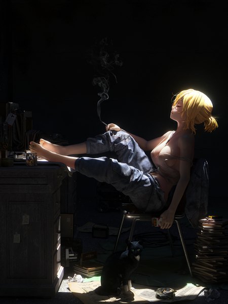 Anime picture 1500x2000 with original maocha single tall image fringe short hair breasts open mouth light erotic blonde hair large breasts sitting holding ponytail indoors eyes closed nail polish barefoot fingernails sunlight