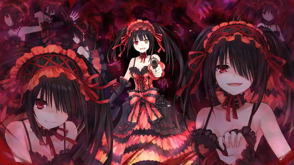 Anime picture 1280x720 with date a live tokisaki kurumi long hair fringe black hair wide image twintails multiple girls game cg hair over one eye heterochromia 6+ girls multiple persona 7 girls girl dress bow weapon detached sleeves frills