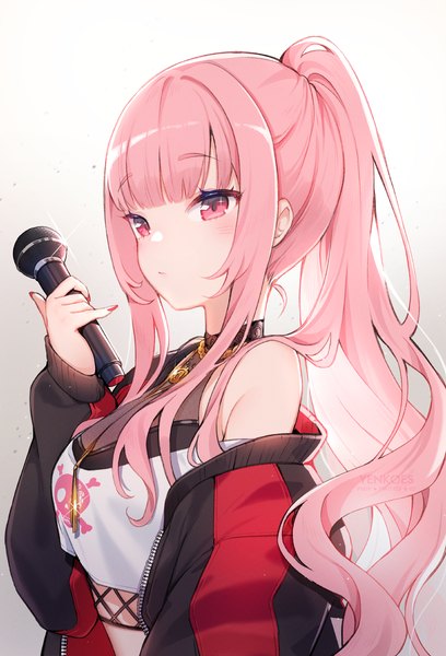 Anime picture 1200x1765 with virtual youtuber hololive hololive english mori calliope mori calliope (streetwear) yenkoes single long hair tall image fringe simple background payot looking away pink hair upper body ponytail blunt bangs pink eyes sparkle gradient background