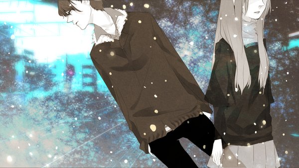Аниме картинка 1536x864 с nico nico singer eco (mayoko) длинные волосы короткие волосы широкое изображение смотрит в сторону пара снегопад зима девушка мужчина юбка куртка брюки