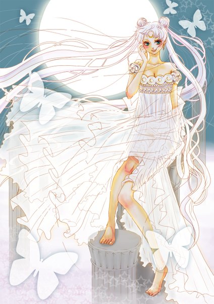 Anime picture 1000x1414 with bishoujo senshi sailor moon toei animation tsukino usagi princess serenity gobo gobo single tall image blush sitting twintails bare shoulders green eyes sky silver hair white hair barefoot aqua eyes wind grey hair night sky