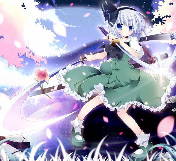 Anime picture 1200x1100 with touhou konpaku youmu myon kabe (ryuryuta) short hair blue eyes white hair cherry blossoms ghost girl skirt weapon miniskirt petals sword skirt set green skirt