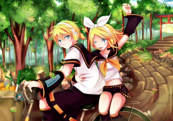 Anime picture 1250x875 with vocaloid kagamine rin kagamine len short hair blue eyes blonde hair smile one eye closed wink girl boy navel hair ornament bow hair bow detached sleeves tree (trees) shorts hairclip headphones