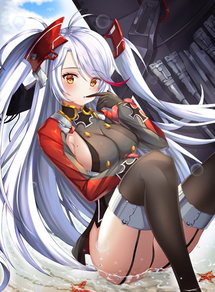 Anime picture 3048x4139 with azur lane prinz eugen (azur lane) kotomaru (sirouko9511) single long hair tall image looking at viewer blush fringe highres breasts open mouth light erotic hair between eyes large breasts yellow eyes payot absurdres sky silver hair