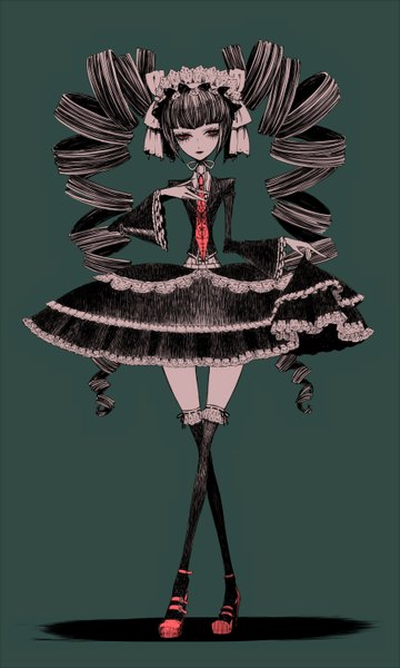 Anime picture 900x1500 with dangan ronpa celestia ludenberg egawa satsuki single long hair tall image black hair simple background red eyes twintails full body lipstick drill hair green background gothic black lipstick girl thighhighs dress black thighhighs