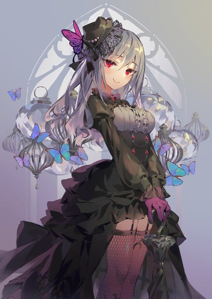 Anime picture 639x900 with idolmaster idolmaster cinderella girls kanzaki ranko jofang single long hair tall image looking at viewer smile red eyes standing grey hair closed umbrella awaited person of fate girl thighhighs dress gloves black thighhighs hat