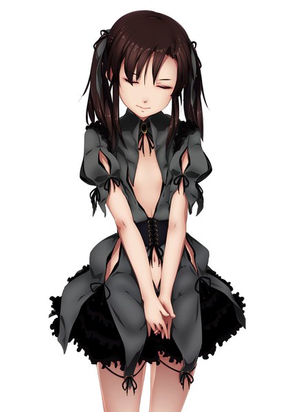 Anime picture 998x1400 with original 4690 single tall image fringe light erotic simple background brown hair white background twintails eyes closed light smile puffy sleeves flat chest lolita fashion center opening interlocked fingers goth-loli girl dress