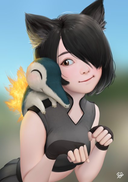 Anime picture 1240x1754 with pokemon original nintendo cyndaquil jubi (regiana) single tall image looking at viewer fringe short hair black hair smile brown eyes signed animal ears blurry cat ears hair over one eye leaning leaning forward