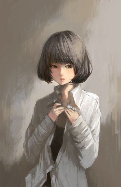 Anime picture 1300x2000 with original tsubu mikan single tall image fringe short hair simple background brown eyes looking away grey hair grey background open clothes open shirt girl shirt white shirt