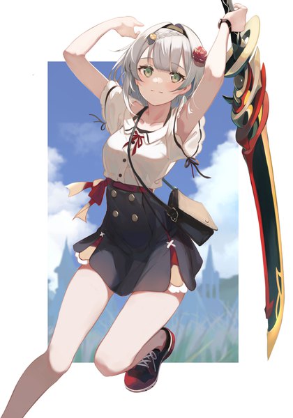 Anime picture 4281x6120 with genshin impact noelle (genshin impact) lumo 1121 single tall image looking at viewer highres short hair smile green eyes absurdres sky silver hair cloud (clouds) alternate costume border outside border girl skirt weapon