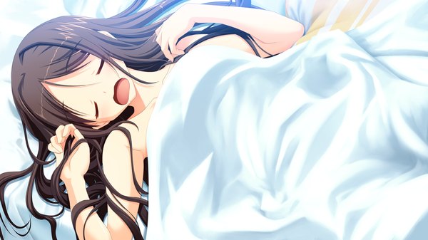 Anime picture 1280x720 with amakan (game) yashima otome long hair blush open mouth black hair wide image game cg lying eyes closed girl