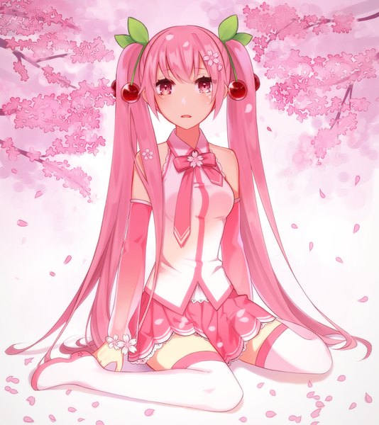 Anime picture 1099x1233 with vocaloid hatsune miku sakura miku nil0000 single tall image looking at viewer open mouth twintails bare shoulders pink hair very long hair pink eyes cherry blossoms girl plant (plants) detached sleeves petals tree (trees) necktie