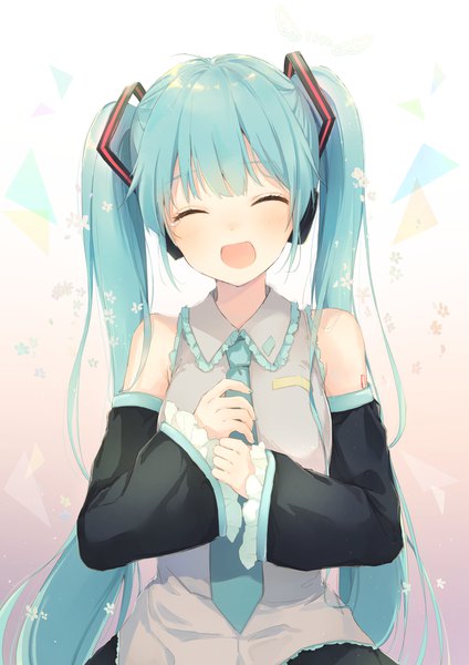 イラスト 809x1146 と ボーカロイド 初音ミク 鈴森ういな ソロ 長髪 長身像 赤面 開いた口 ツインテール 肩出し upper body eyes closed aqua hair ^ ^ 女の子 袖だけ ネクタイ ヘッドフォン