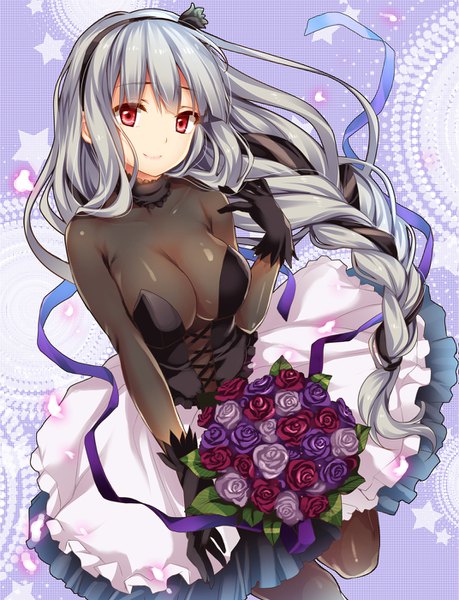 Anime picture 1071x1400 with wixoss alfou (wixoss) moneti (daifuku) single long hair tall image looking at viewer breasts light erotic black hair smile red eyes large breasts cleavage silver hair braid (braids) single braid girl gloves flower (flowers)