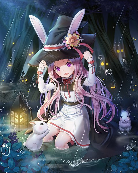 Anime picture 700x875 with original roang single long hair tall image looking at viewer blush open mouth sitting purple eyes holding animal ears pink hair outdoors night bunny ears shaded face rain adjusting hat girl