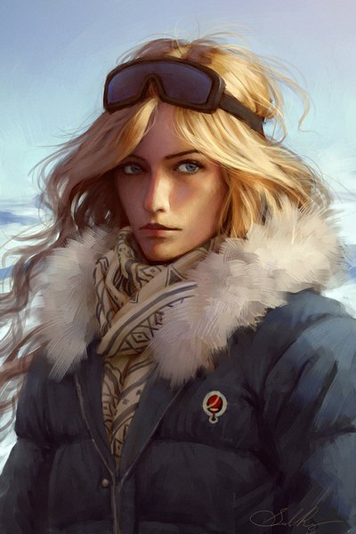 Anime picture 600x900 with original selenada single long hair tall image blue eyes blonde hair signed looking away sky wind sunlight open jacket wavy hair goggles on head girl jacket scarf fur goggles