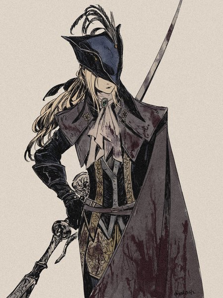 Anime picture 1536x2048 with bloodborne from software lady maria of the astral clocktower fune (nkjrs12) single long hair tall image simple background standing signed silver hair twitter username bloody clothes hat over eyes girl gloves hat black gloves blood