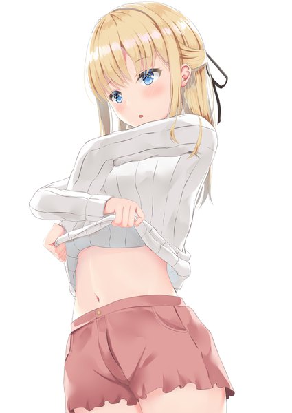 Anime picture 1290x1821 with original kanade pa single long hair tall image blush fringe breasts open mouth blue eyes light erotic blonde hair hair between eyes looking away long sleeves :o midriff gradient hair crossed arms undressing