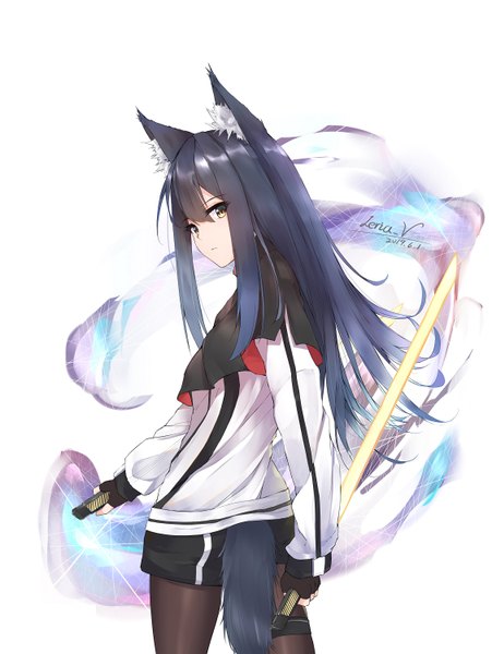 Anime picture 1128x1500 with arknights texas (arknights) leria v single long hair tall image looking at viewer fringe black hair simple background hair between eyes standing white background holding signed animal ears yellow eyes payot tail animal tail