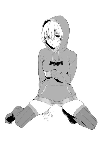 Anime picture 1629x2267 with original tosh single tall image looking at viewer light erotic simple background blonde hair white background no shoes no panties kneeling monochrome girl thighhighs sweater hoodie