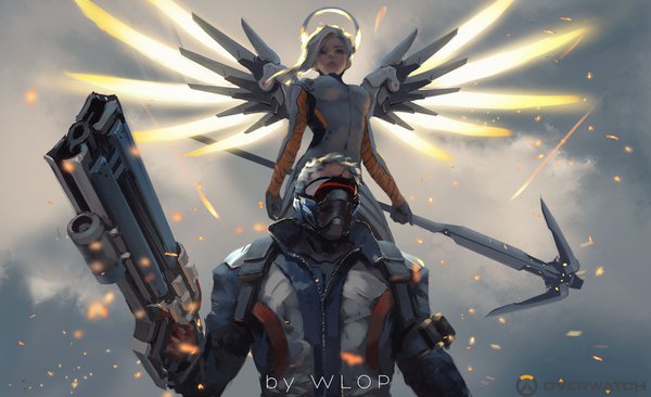 Anime picture 1510x922 with overwatch blizzard entertainment mercy (overwatch) soldier: 76 (overwatch) wlop long hair short hair breasts wide image standing holding signed cloud (clouds) upper body outdoors grey hair grey eyes copyright name lipstick outstretched arm