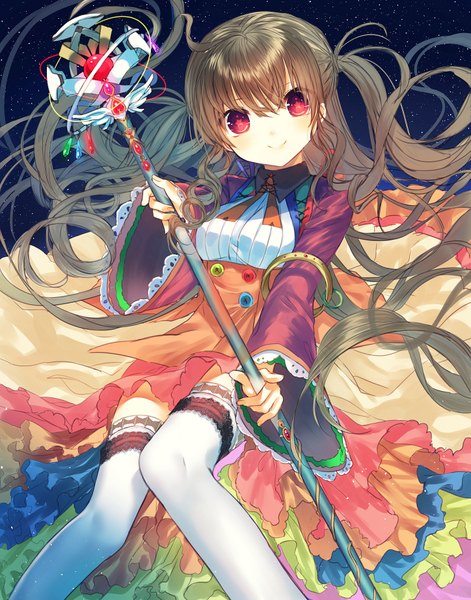 Anime picture 1447x1842 with original yosuga ioru single tall image looking at viewer smile red eyes brown hair very long hair girl thighhighs dress white thighhighs staff