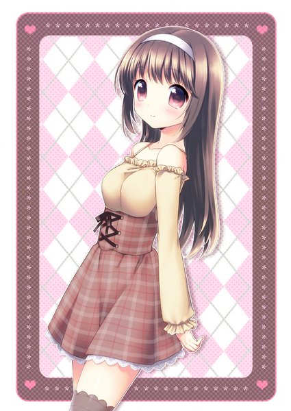 Anime picture 708x1000 with original usashiro mani single long hair tall image looking at viewer blush smile brown hair bare shoulders pink eyes framed rhombus girl thighhighs hairband