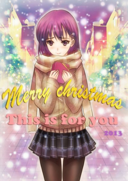 Anime picture 2480x3507 with original sawwei005 single tall image blush highres short hair purple eyes purple hair snowing christmas winter merry christmas girl skirt scarf gift