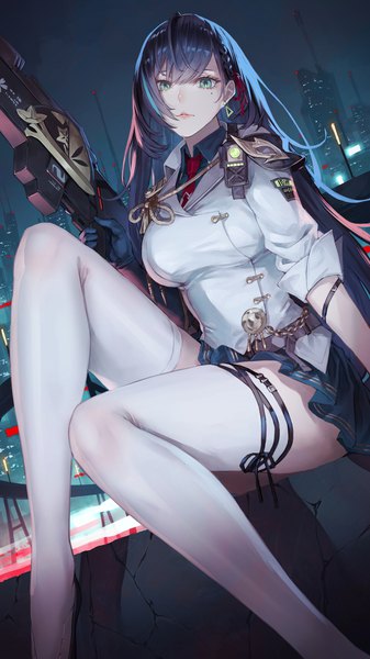 Anime picture 1000x1778 with tower of fantasy lin (tower of fantasy) kaoming single long hair tall image looking at viewer fringe breasts black hair hair between eyes sitting holding green eyes bent knee (knees) outdoors braid (braids) multicolored hair night mole