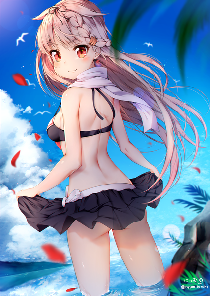 Anime picture 1190x1670 with kantai collection yuudachi destroyer nyum single long hair tall image looking at viewer blush fringe breasts light erotic blonde hair smile red eyes standing signed sky cloud (clouds) outdoors looking back