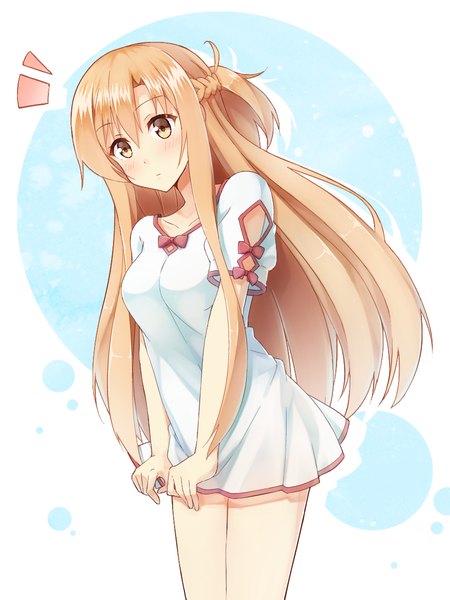 Anime picture 900x1200 with sword art online a-1 pictures yuuki asuna .com single long hair tall image blush fringe breasts blonde hair large breasts standing yellow eyes braid (braids) short sleeves embarrassed silhouette girl dress