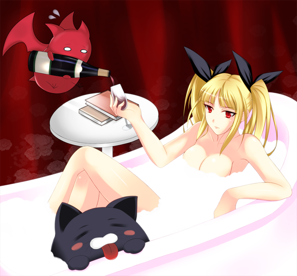 Anime picture 1133x1052 with blazblue rachel alucard light erotic blonde hair red eyes twintails demon girl book (books) cat monster bath