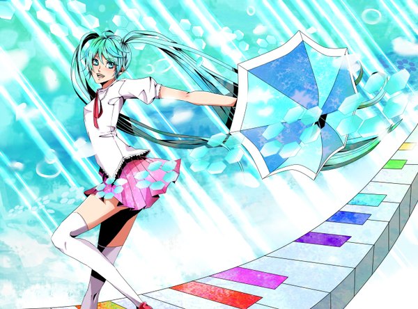 Anime picture 1500x1110 with vocaloid hatsune miku twintails green hair girl thighhighs white thighhighs umbrella piano