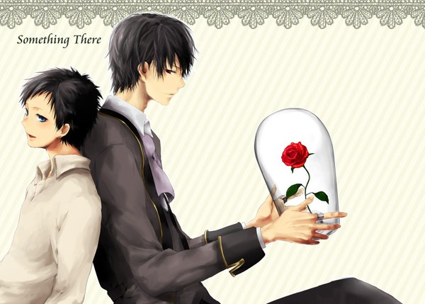 Anime picture 1773x1270 with durarara!! brains base (studio) orihara izaya ryuugamine mikado mochi mocchi highres short hair blue eyes black hair simple background white background profile back to back boy flower (flowers) shirt rose (roses) neckerchief