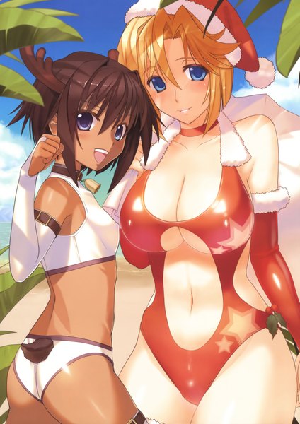 Anime picture 2970x4200 with muvluv total eclipse muv-luv tarisa manandal stella bremer tall image blush highres short hair breasts open mouth blue eyes light erotic blonde hair brown hair large breasts bare shoulders multiple girls dark skin girl gloves