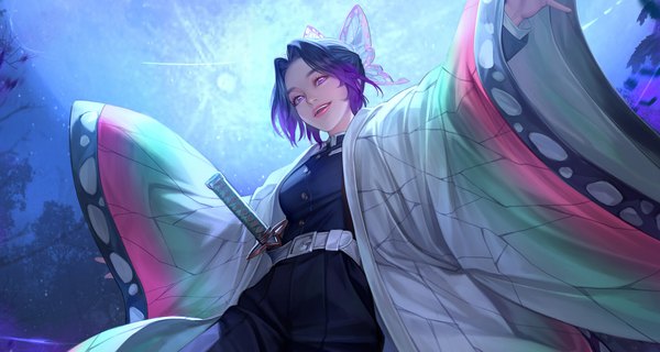 Anime picture 1920x1023 with kimetsu no yaiba ufotable kochou shinobu taekwon kim single looking at viewer highres short hair open mouth black hair smile wide image purple eyes traditional clothes japanese clothes night lipstick spread arms pink lipstick cropped