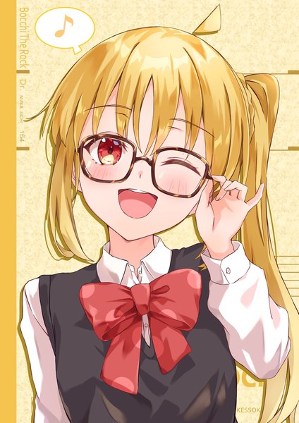 Anime picture 1448x2048 with bocchi the rock! cloverworks ijichi nijika kikugawa roku single long hair tall image looking at viewer blush open mouth red eyes upper body ahoge one eye closed wink copyright name side ponytail ;d adjusting glasses bespectacled